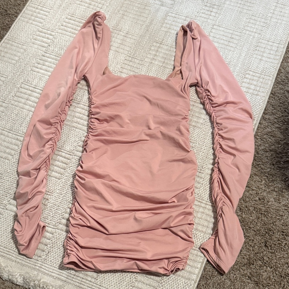 Oh Polly Blush Pink Ruched Long Sleeve Mini Dress
